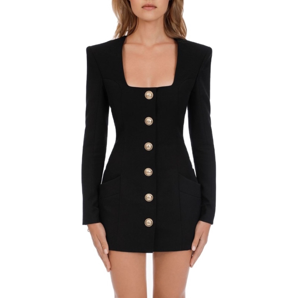 Black mini dress with long sleeves and padded shoulders